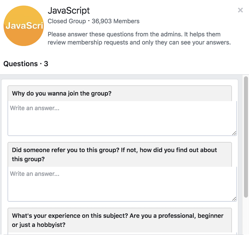 Facebook group admission questions